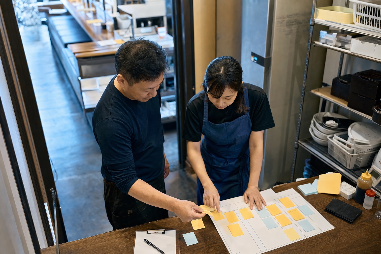 店舗のバックヤードで業務を整理する経営者とスタッフ