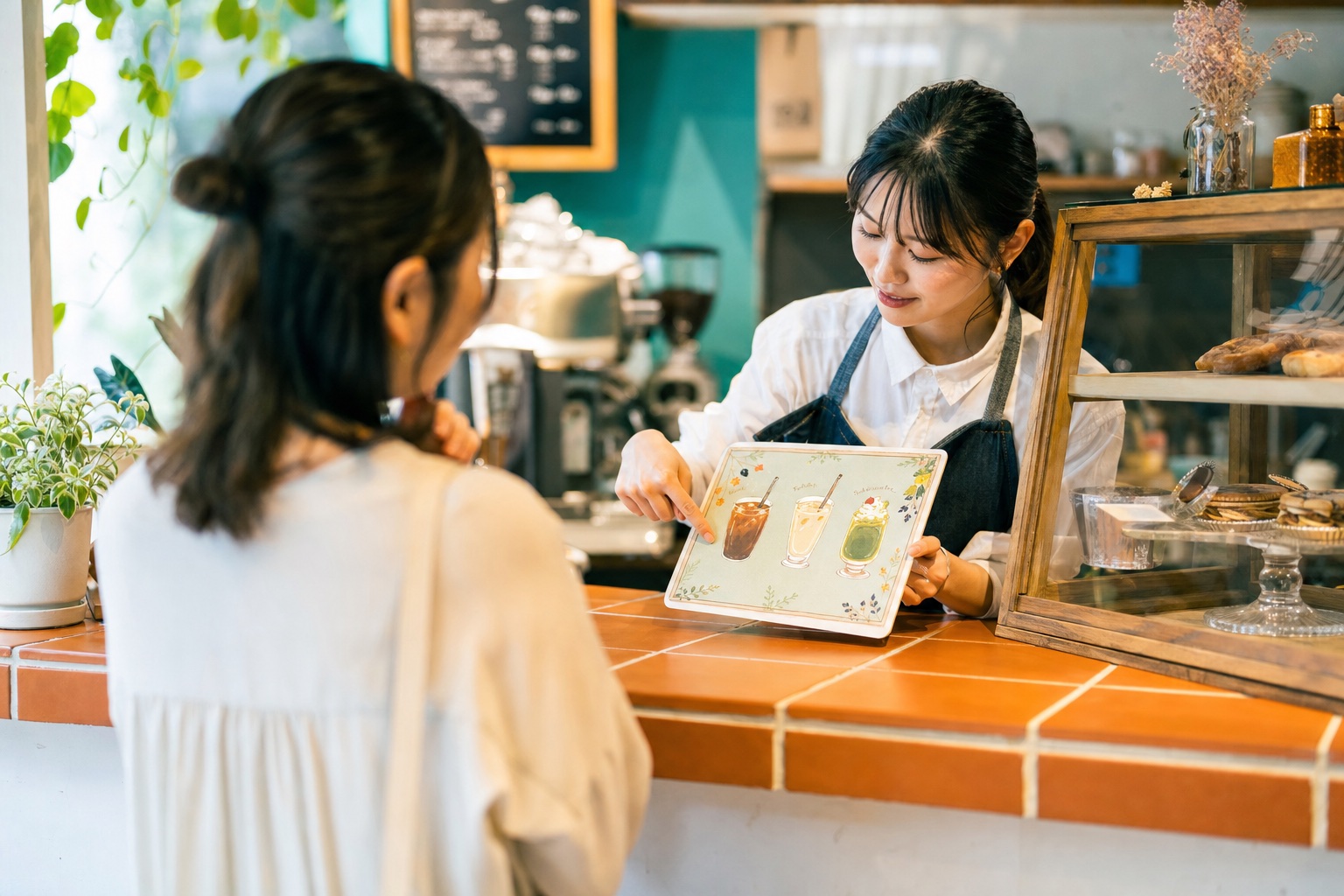 カフェでメニューを案内するスタッフ
