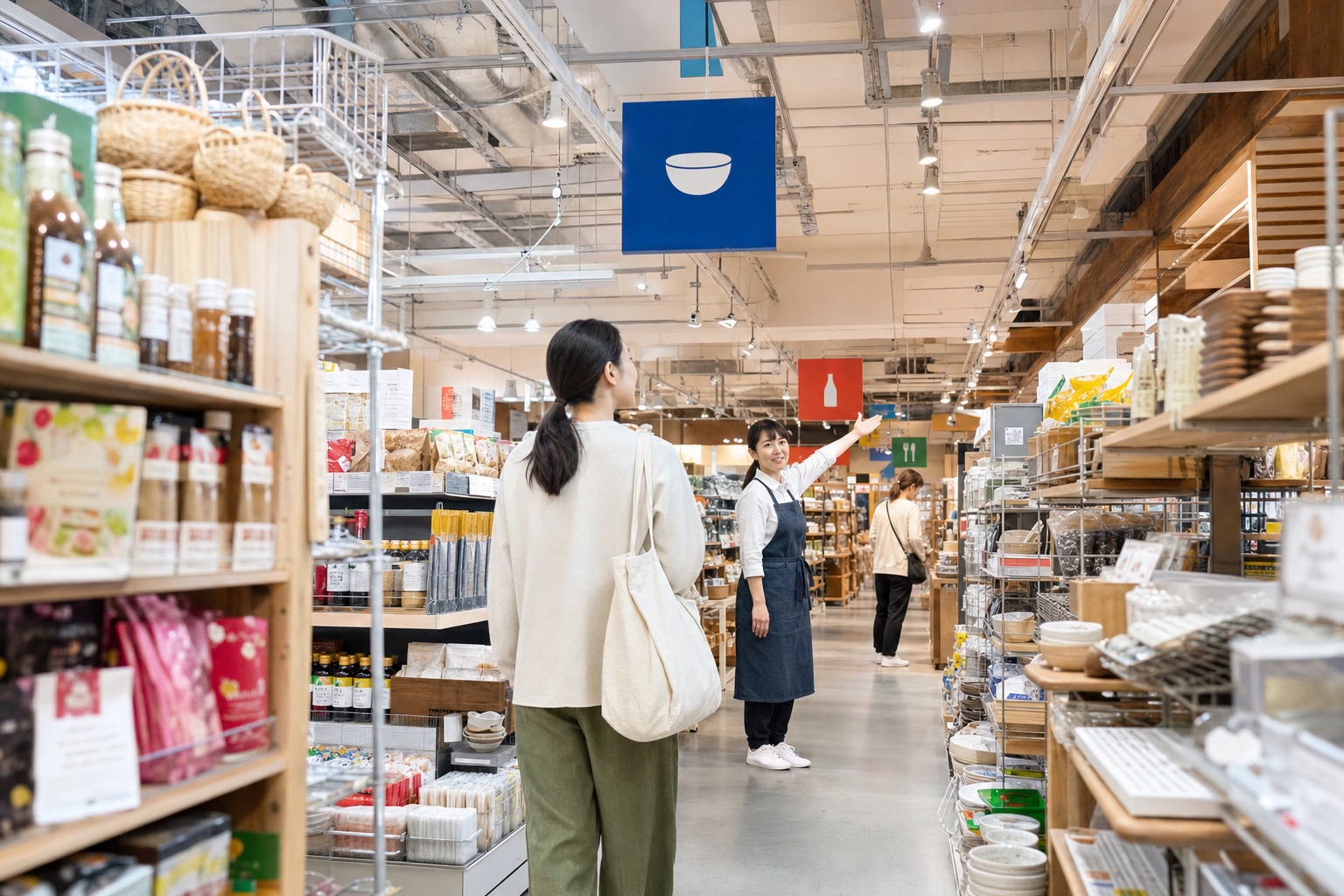 売場の案内表示を見ながら商品を探すお客様